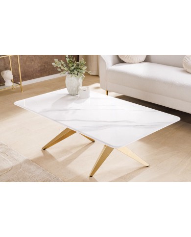 Table basse CELENIA – 130 cm en céramique effet marbre blanc & structure dorée champagne