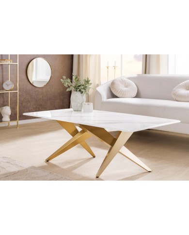 Table basse CELENIA – 130 cm en céramique effet marbre blanc & structure dorée champagne