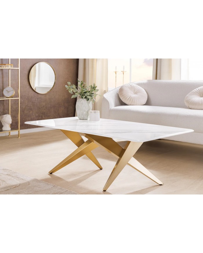 Table basse CELENIA – 130 cm en céramique effet marbre blanc & structure dorée champagne
