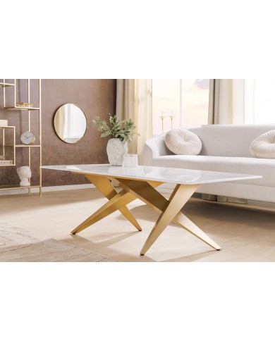 Table basse CELENIA – 130 cm en céramique effet marbre blanc & structure dorée champagne
