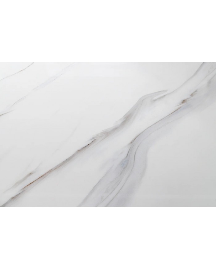 Table basse CELENIA – 130 cm en céramique effet marbre blanc & structure dorée champagne