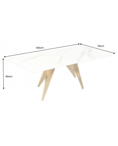 Table basse CELENIA – 130 cm en céramique effet marbre blanc & structure dorée champagne
