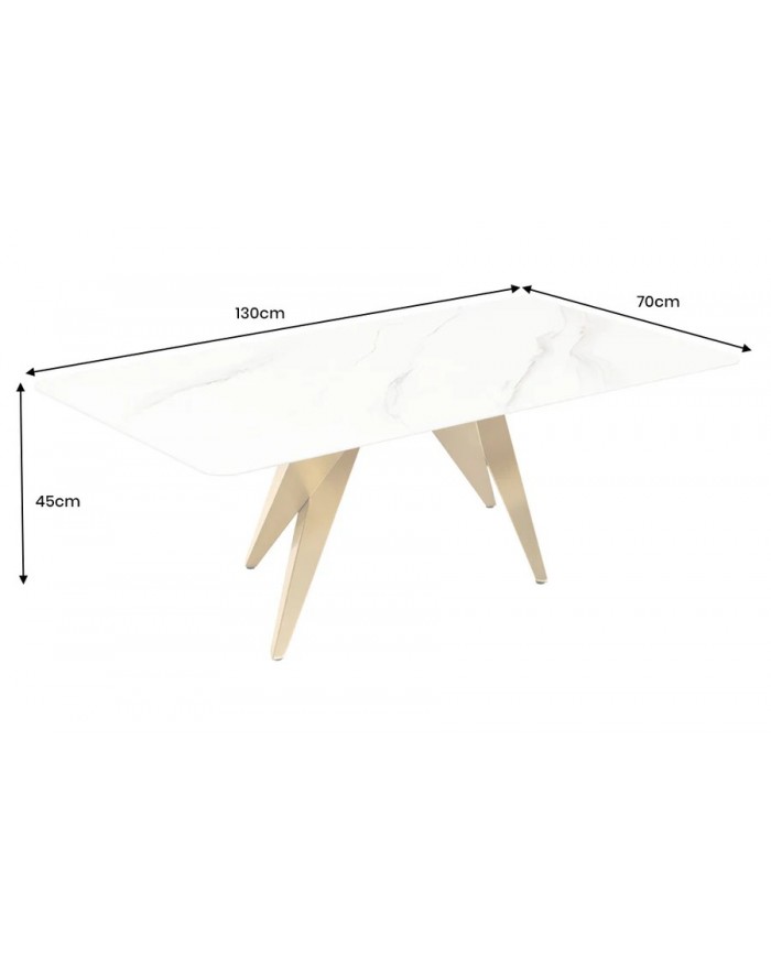 Table basse CELENIA – 130 cm en céramique effet marbre blanc & structure dorée champagne