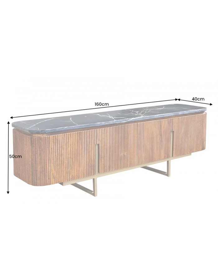 Meuble TV 4 portes 160 cm plateau marbre gris & bois de manguier doré BELMOND