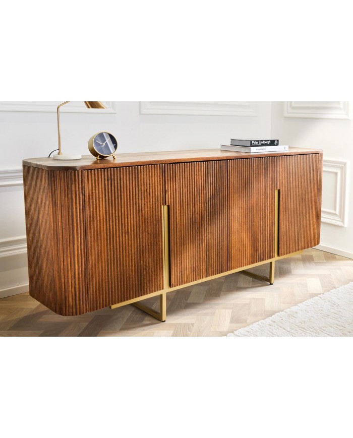Buffet commode 4 portes 160 cm plateau et corps en bois de manguier doré BELMOND