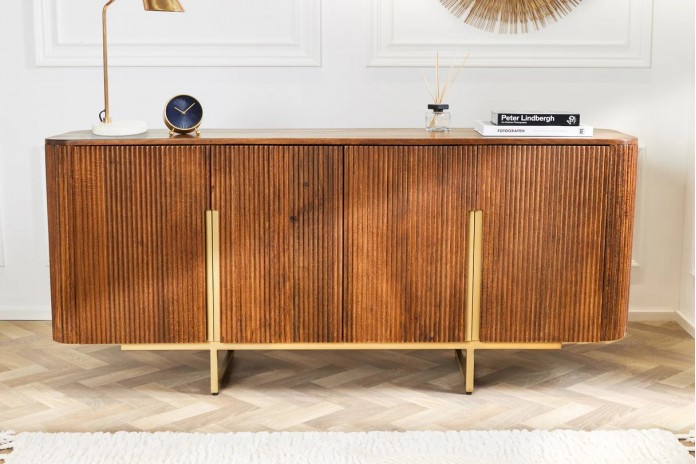 Buffet commode 4 portes 160 cm plateau et corps en bois de manguier doré BELMOND