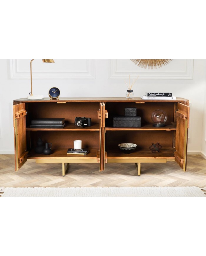 Buffet commode 4 portes 160 cm plateau et corps en bois de manguier doré BELMOND