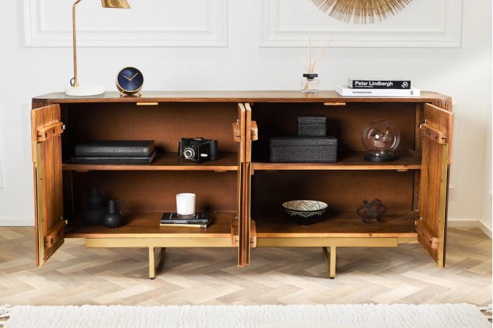 Buffet commode 4 portes 160 cm plateau et corps en bois de manguier doré BELMOND