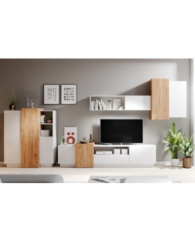 Meuble TV intégrale avec rangements suspendus blanc mat & chêne artisan NORDIK
