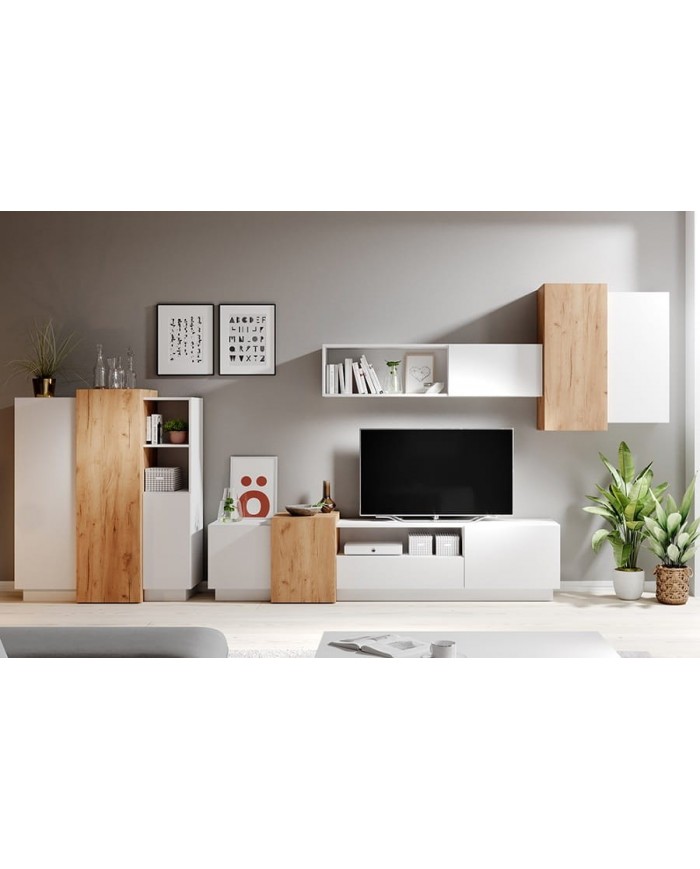 Meuble TV intégrale avec rangements suspendus blanc mat & chêne artisan NORDIK