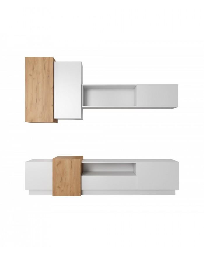 Meuble TV intégrale avec rangements suspendus blanc mat & chêne artisan NORDIK
