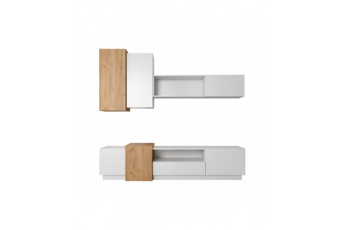 Meuble TV intégrale avec rangements suspendus blanc mat & chêne artisan NORDIK