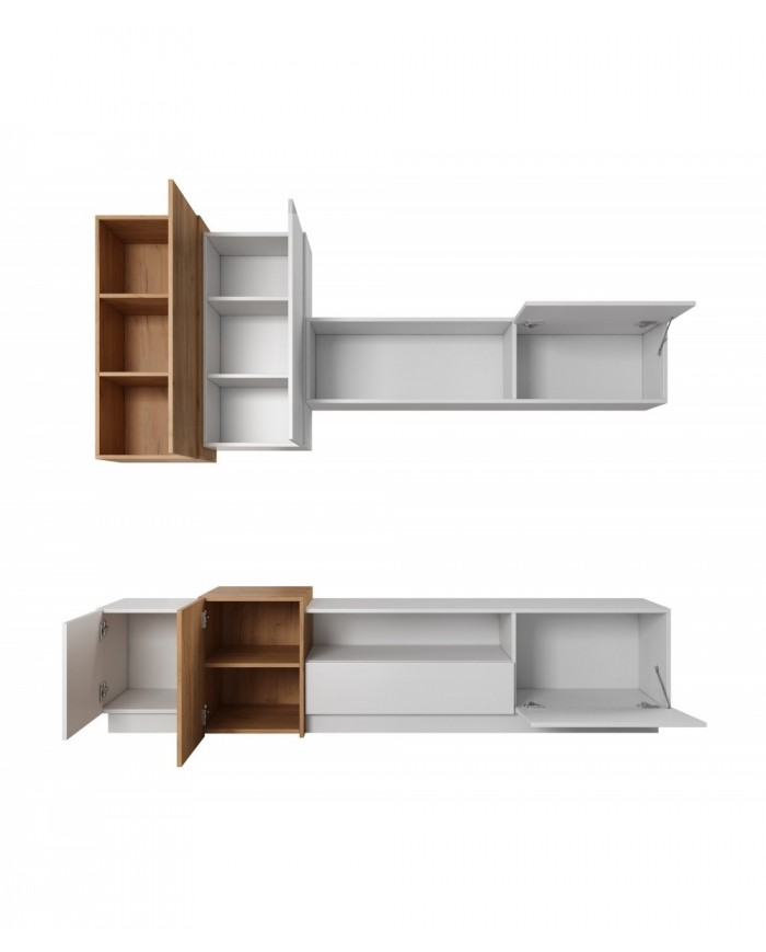 Meuble TV intégrale avec rangements suspendus blanc mat & chêne artisan NORDIK