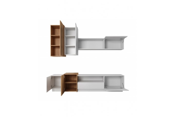 Meuble TV intégrale avec rangements suspendus blanc mat & chêne artisan NORDIK