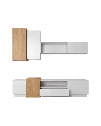 Meuble TV intégrale avec rangements suspendus blanc mat & chêne artisan NORDIK