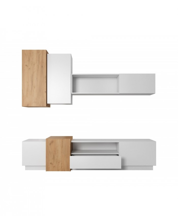 Meuble TV intégrale avec rangements suspendus blanc mat & chêne artisan NORDIK
