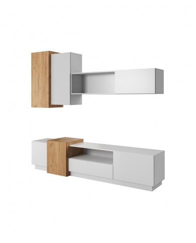 Meuble TV intégrale avec rangements suspendus blanc mat & chêne artisan NORDIK