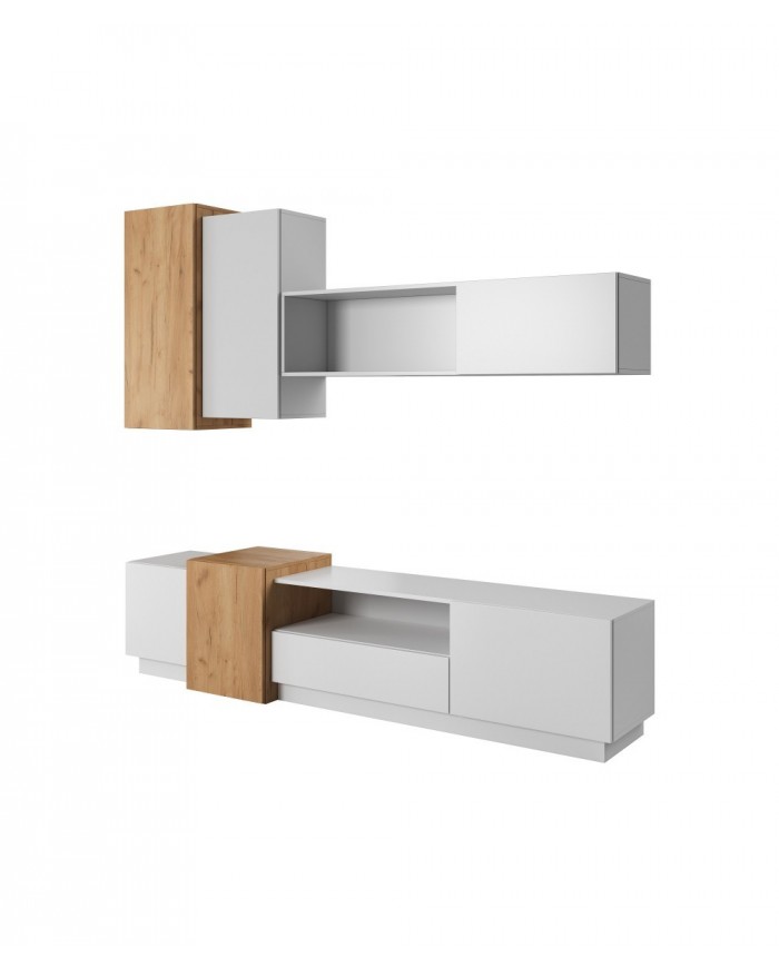Meuble TV intégrale avec rangements suspendus blanc mat & chêne artisan NORDIK