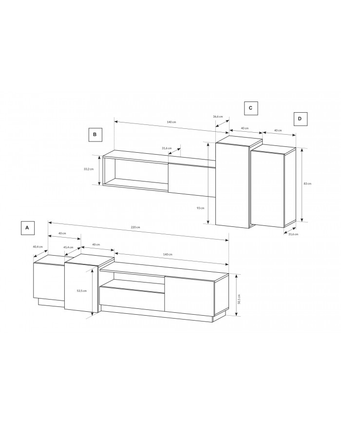 Meuble TV intégrale avec rangements suspendus blanc mat & chêne artisan NORDIK