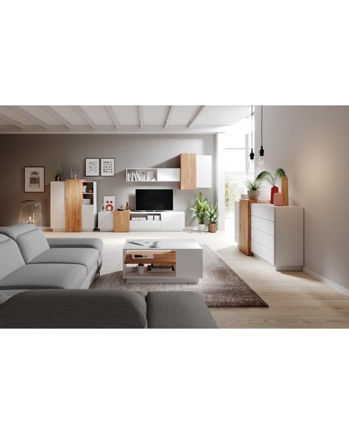 Meuble TV intégrale avec rangements suspendus blanc mat & chêne artisan NORDIK