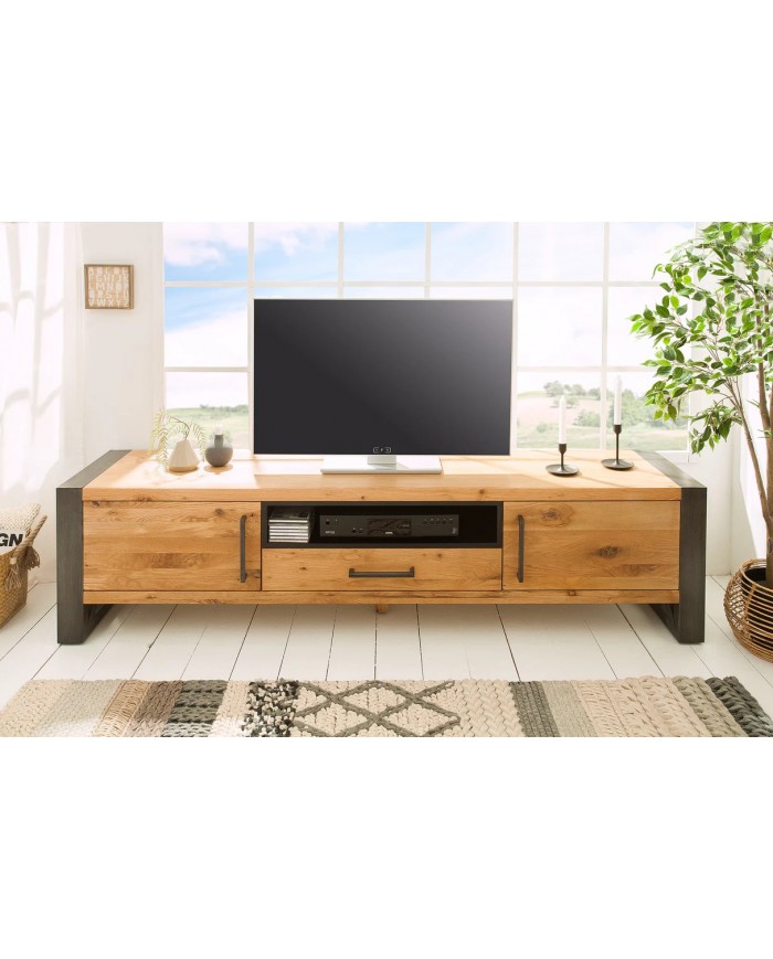 Meuble TV Industriel 200 cm en Chêne Massif Sauvage & Métal Elderwood