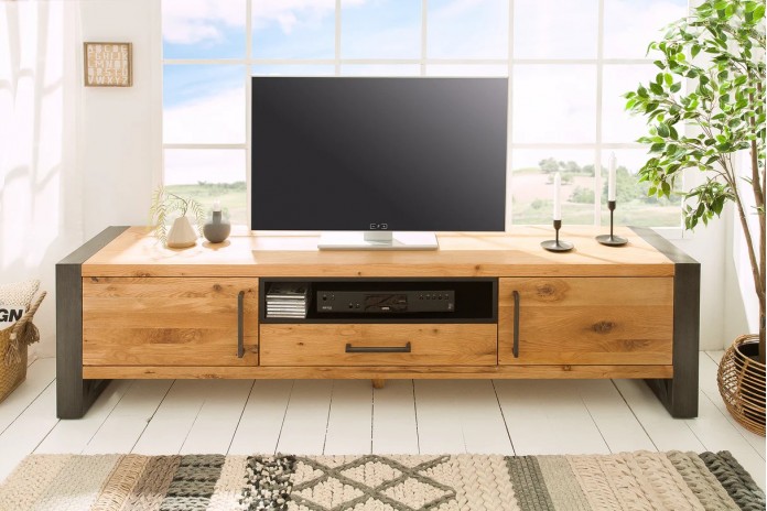 Meuble TV Industriel 200 cm en Chêne Massif Sauvage & Métal Elderwood