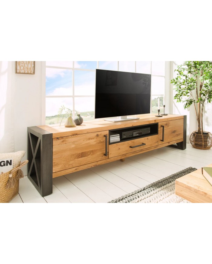 Meuble TV Industriel 200 cm en Chêne Massif Sauvage & Métal Elderwood