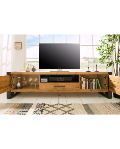Meuble TV Industriel 200 cm en Chêne Massif Sauvage & Métal Elderwood