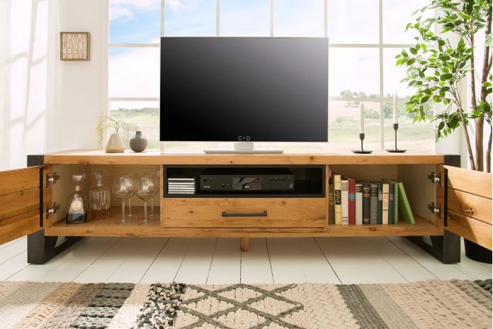 Meuble TV Industriel 200 cm en Chêne Massif Sauvage & Métal Elderwood