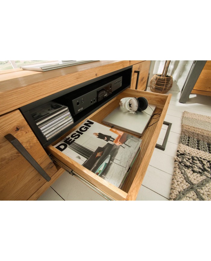 Meuble TV Industriel 200 cm en Chêne Massif Sauvage & Métal Elderwood