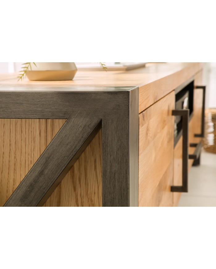 Meuble TV Industriel 200 cm en Chêne Massif Sauvage & Métal Elderwood