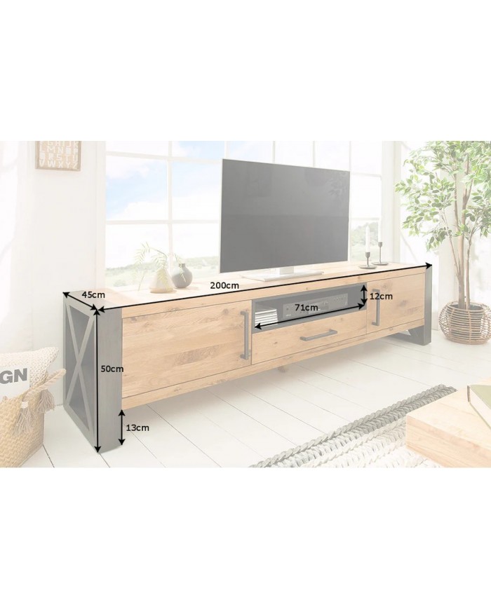 Meuble TV Industriel 200 cm en Chêne Massif Sauvage & Métal Elderwood