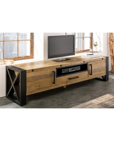 Meuble TV Industriel 200 cm en pin massif naturel & Métal Elderwood