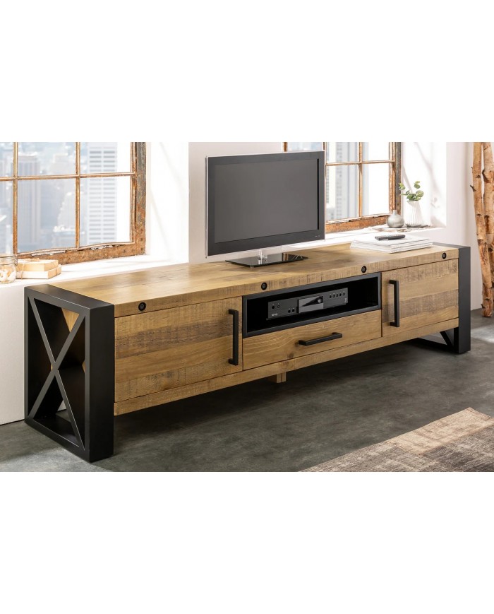 Meuble TV Industriel 200 cm en pin massif naturel & Métal Elderwood