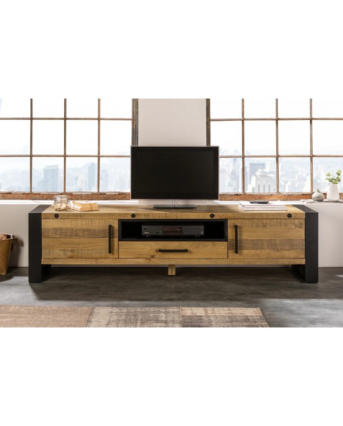 Meuble TV Industriel 200 cm en pin massif naturel & Métal Elderwood