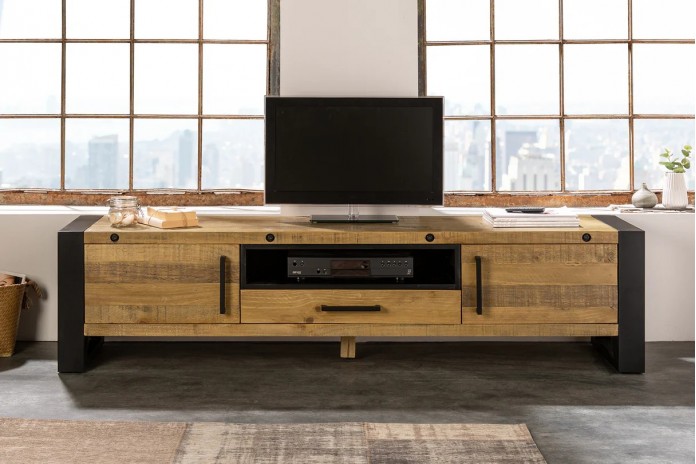 Meuble TV Industriel 200 cm en pin massif naturel & Métal Elderwood