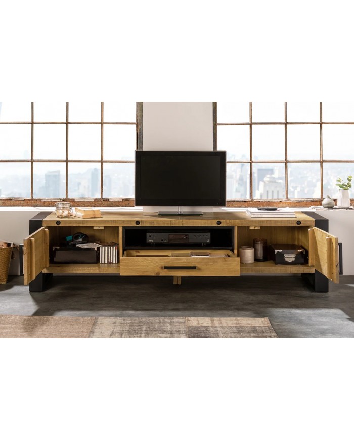 Meuble TV Industriel 200 cm en pin massif naturel & Métal Elderwood