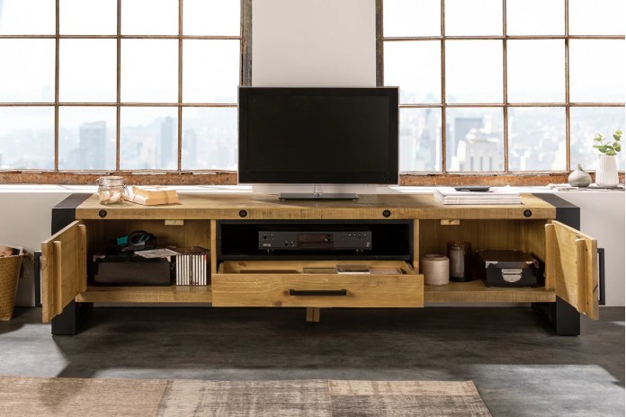 Meuble TV Industriel 200 cm en pin massif naturel & Métal Elderwood