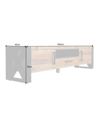 Meuble TV Industriel 200 cm en pin massif naturel & Métal Elderwood