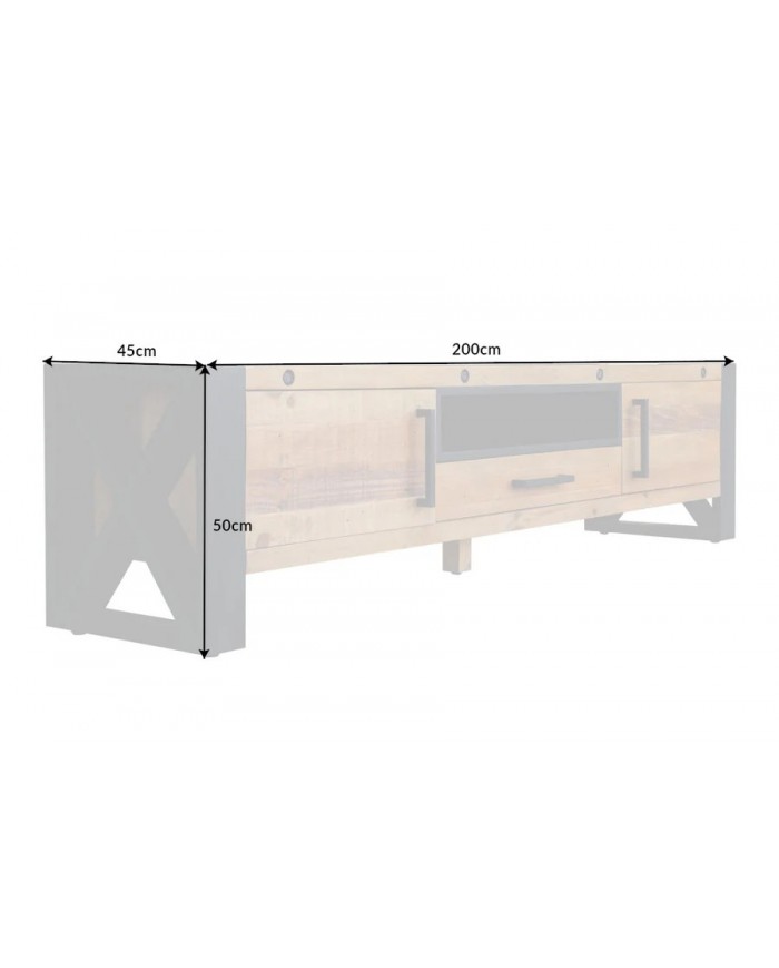 Meuble TV Industriel 200 cm en pin massif naturel & Métal Elderwood