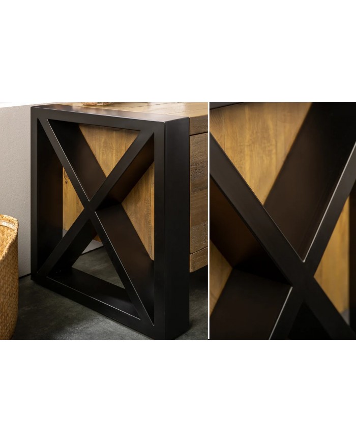 Meuble TV Industriel 200 cm en pin massif naturel & Métal Elderwood