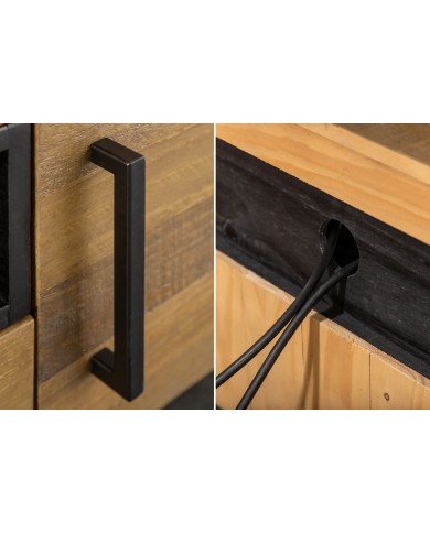 Meuble TV Industriel 200 cm en pin massif naturel & Métal Elderwood