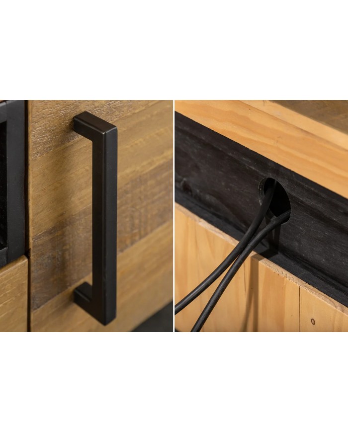 Meuble TV Industriel 200 cm en pin massif naturel & Métal Elderwood