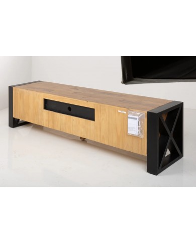 Meuble TV Industriel 200 cm en pin massif naturel & Métal Elderwood