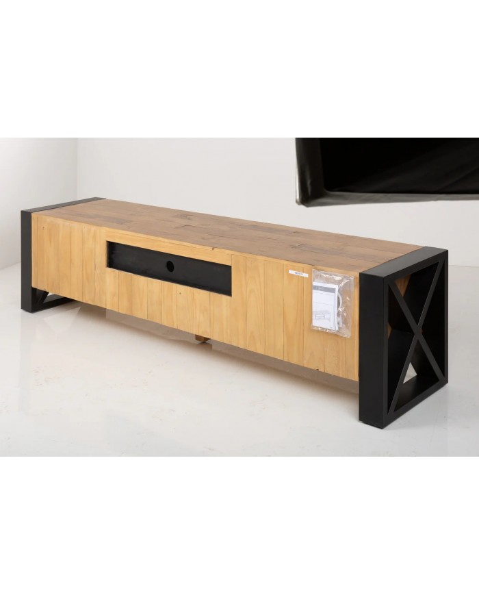 Meuble TV Industriel 200 cm en pin massif naturel & Métal Elderwood
