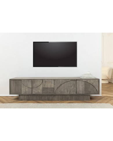 Meuble TV 4 portes 200 cm avec reliefs 3D en Bois de Manguier Gris Fumé Neoforma