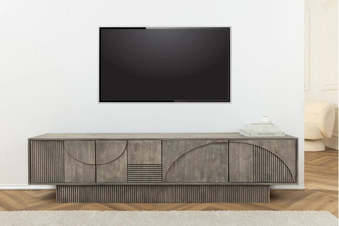 Meuble TV 4 portes 200 cm avec reliefs 3D en Bois de Manguier Gris Fumé Neoforma