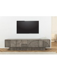 Meuble TV 4 portes 200 cm avec reliefs 3D en Bois de Manguier Gris Fumé Neoforma