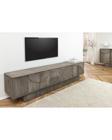 Meuble TV 4 portes 200 cm avec reliefs 3D en Bois de Manguier Gris Fumé Neoforma