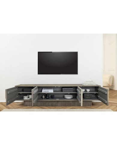 Meuble TV 4 portes 200 cm avec reliefs 3D en Bois de Manguier Gris Fumé Neoforma